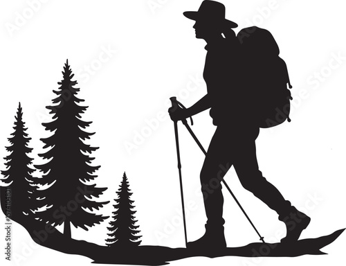 Snowshoeing hiker silhouette with pine trees black and white