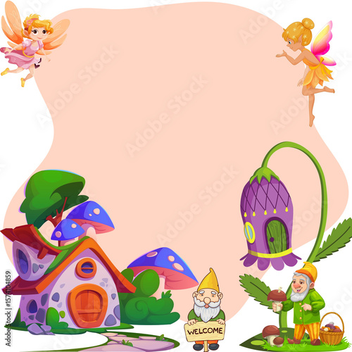 Εκτύπωση καμβά Enchanted Fairy Garden Gnomes, Mushrooms, and Magical Flowers Illustration