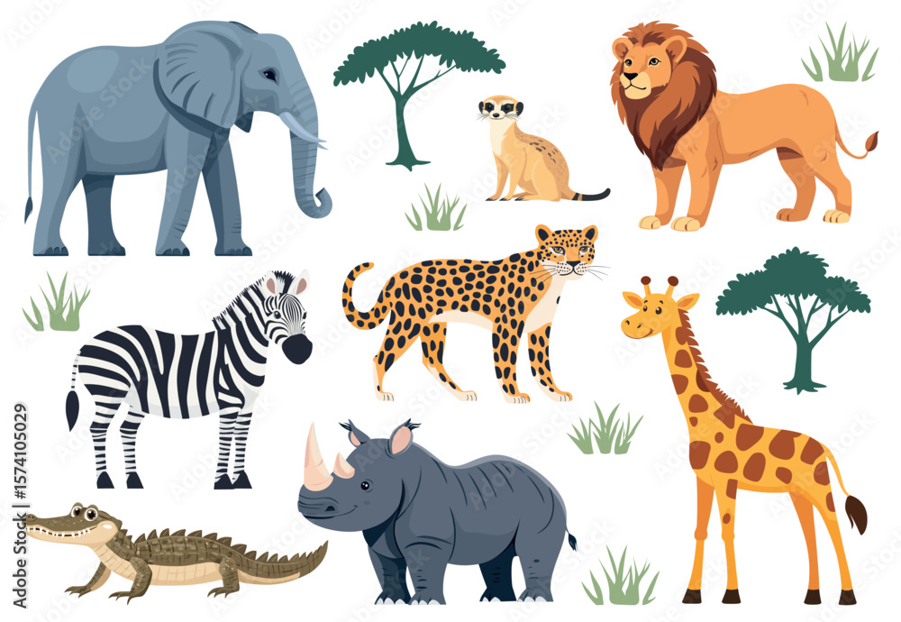 Fototapeta premium Colorful African wildlife illustration, element vector set