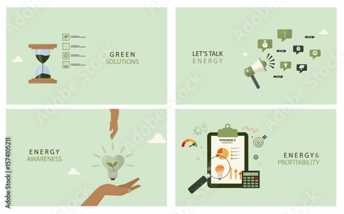 Four minimalist banner renewable energy awareness, sustainable solutions, communication strategies, and profitability analytics in eco-friendly business contexts. Renewable energy. Vector illustration