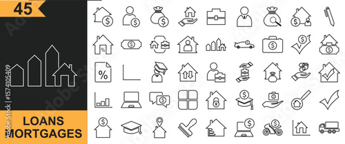 Loans mortgages vector icon . Payment, interest, agreement, broker, business, briefcase, calculator and etc.  Vector illustration . Isolated on white background. EPS 10