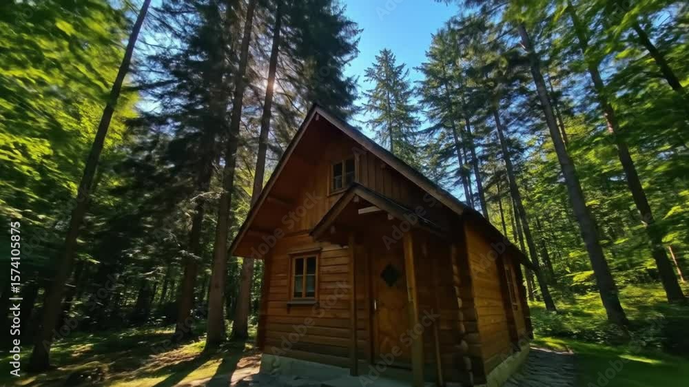 Wooden cabin amidst forest sunlight Wooden cabin amidst forest sunlight