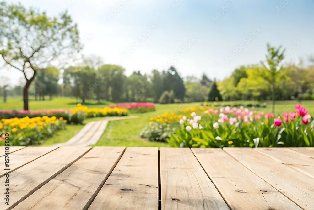 Obraz premium Wooden Deck Opening to Vibrant Garden Path and Blooming Tulip Flowers