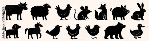 Silhouette icons of farm animals cow, sheep, chicken, mouse, fox, pig, rabbit, horse, bird, bear, duck vector set element, isolated on beige.