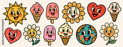 Colorful cartoon stickers sun, ice cream, flowers, hearts, and Earth, smiling faces, playful design, vibrant colors vector set element, isolated on beige.