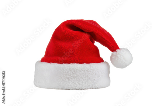 Isolated Plush Red Santa Hat with White Fur Trim and Pom Pom