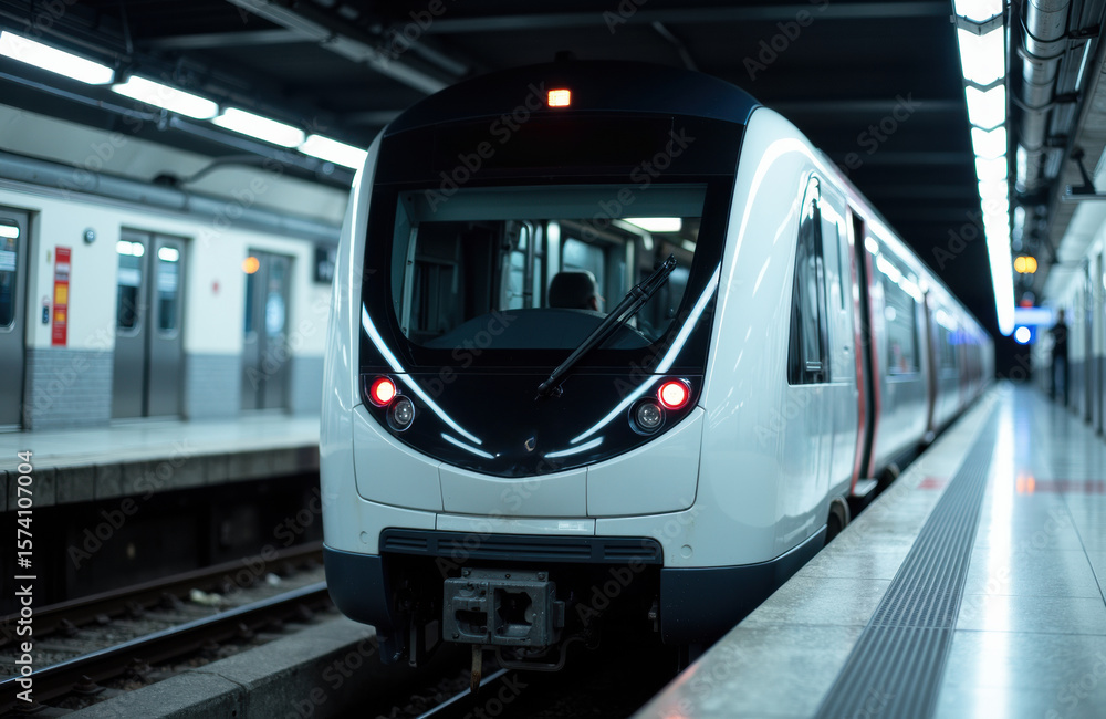 Fototapeta premium Modern train arriving at underground station platform with bright lighting and sleek design