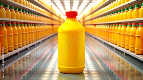 Bright yellow bottle of juice stands out among similar products in a grocery store aisle