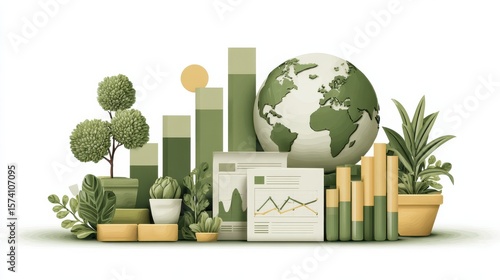 Environmental, social, and governance (esg) report showing positive growth with green planet earth, plants, and increasing bar graph