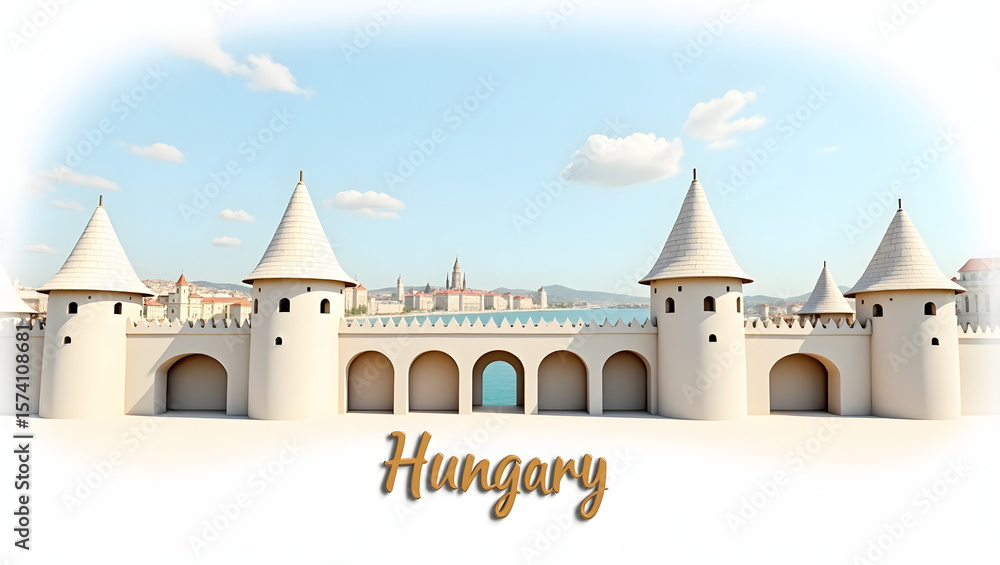 Fototapeta premium 3d illustration of Fisherman's Bastion with its towers and arches, and the word 'Hungary' beneath. Fairytale-like architectural landmark.