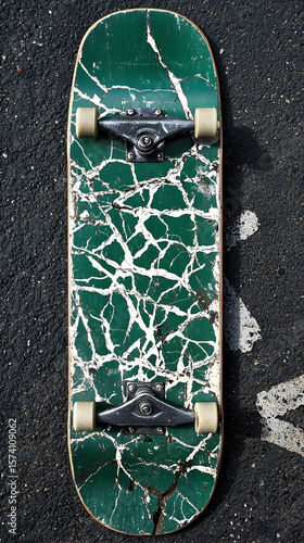 Cracked skateboard deck, asphalt background, outdoor shot, ideal for sports or lifestyle blogs