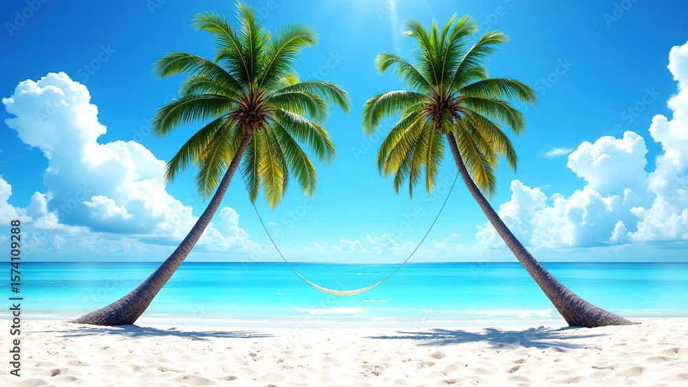 Fototapeta premium Tropical Beach with Hammock Between Palm Trees Under Blue Sky