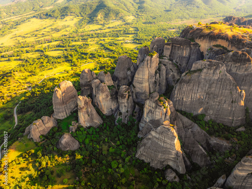 The monastery Meteora, aerial rocky monasteries complex in Greece near Kalabaka city. Holy Monastery of the Great Meteoron and Varlaam