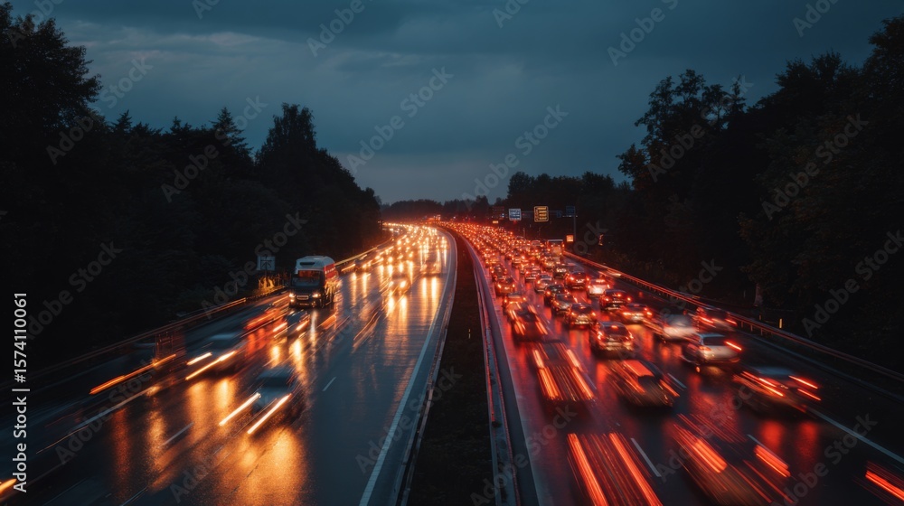 Obraz premium Vehicles in gridlock on a multi-lane highway at dusk, with streaks of red and white lights reflecting in the darkness.