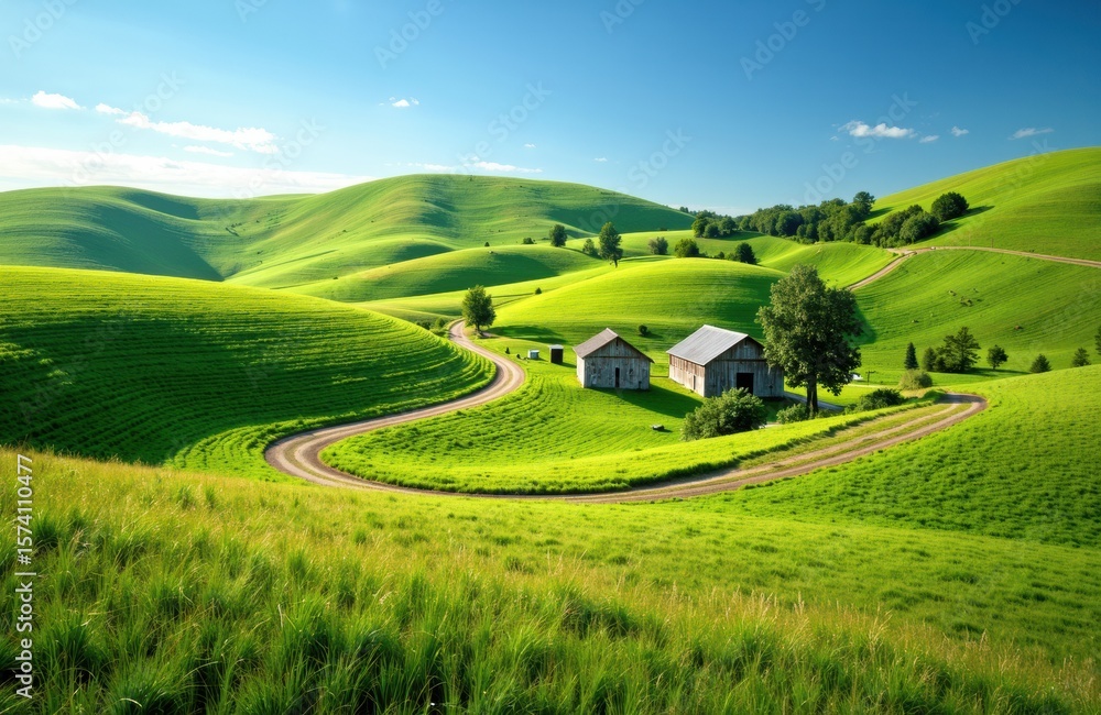 Obraz premium Rolling green hills with winding dirt roads and small farm buildings under a bright blue sky