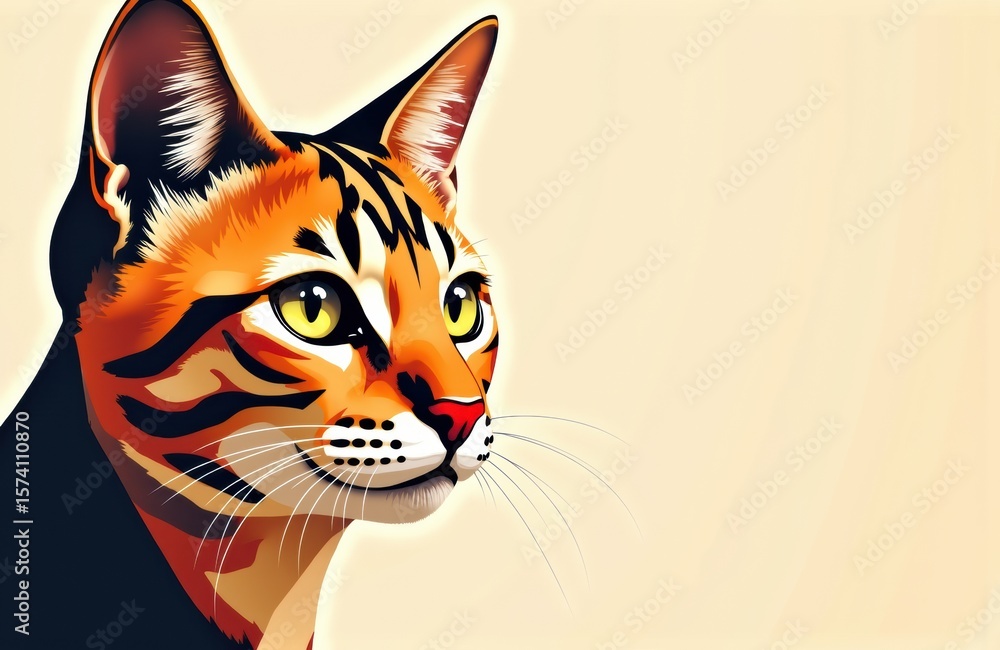 Obraz premium Woman with orange and black striped cat illustration facing left with a neutral background