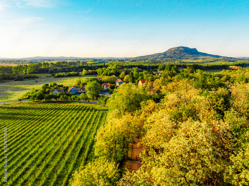 Obraz premium Sunset over the castle Szigliget, Hungary near Balaton lake. Wine region
