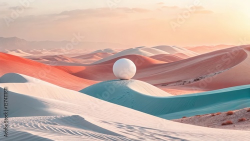 Fototapeta Naklejka Na Ścianę i Meble -  A surreal desert landscape with colorful sand dunes and a white sphere resting on a dune top