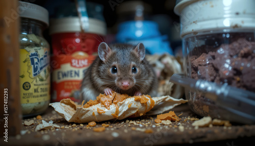 Close-up of a Wild Mouse Foraging for Food in a Domestic Pantry Setting