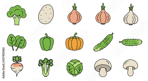 A collection of hand drawn vegetable icons, showcasing various common produce items