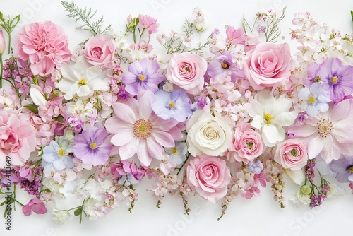 Beautiful pastel floral arrangement with pink, purple and white flowers, concept of romance, elegance, spring, celebration and natural beauty