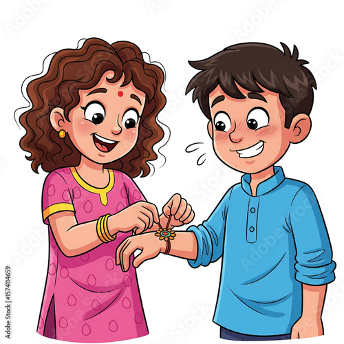sister tying rakhi to brother on raksha bandhan festival. cartoon vector illustration isolated on transparent background.