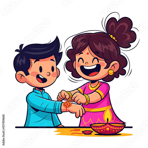 cute cartoon sister tying rakhi to brother with diya on raksha bandhan. vector illustration png.