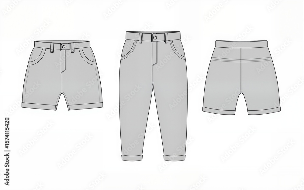 Set of Pants and shorts technical fashion illustration with low normal waist, high rise, mini midi maxi length, pockets. Flat trousers apparel template front, back, grey color. Women, men CAD mockup Set of Pants and shorts technical fashion illustration with low normal waist, high rise, mini midi maxi length, pockets. Flat trousers apparel template front, back, grey color. Women, men CAD mockup