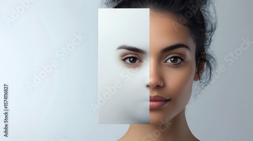 A striking image of a woman's face partially obscured by a transparent panel, symbolizing identity and perception. The artful composition invites contemplation of the inner self.