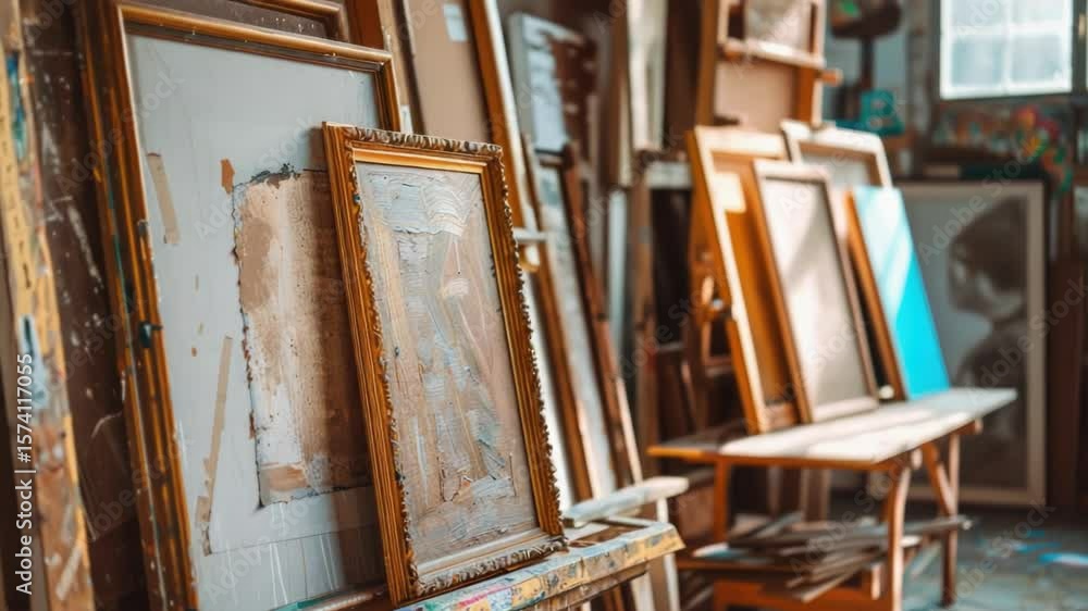Studio setup with multiple paintings on easels, ready for creation or display Studio setup with multiple paintings on easels, ready for creation or display
