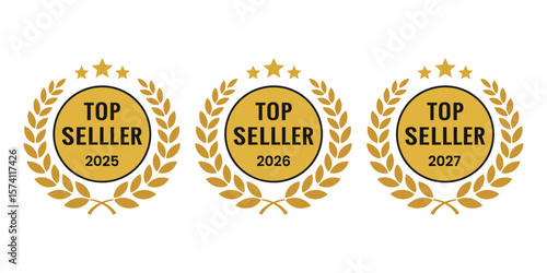 Golden badge icons with laurel wreath, crown, and stars, classic award style for best seller recognition