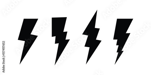 Minimalist Lightning Bolt Icon Set with High Voltage Symbols, Black Vector Design for Electrical and Safety Signage