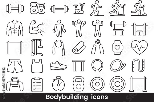 Collection of Bodybuilding, Exercise, and Gym Equipment Outline Icons