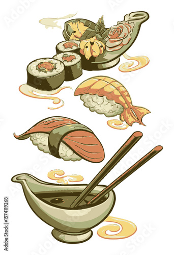 Hand Drawn Vector Illustrations of Sushi Dishes and Soy Sauce Bowl
