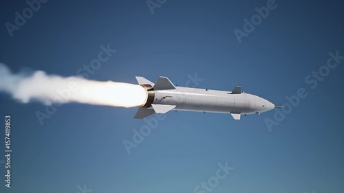 Gray Missile Soaring Through Blue Sky With White Exhaust Trail Military Technology