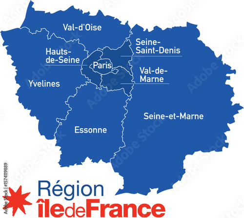 Tableau sur toile Carte région Île de France, Paris, Seine-et-Marne, Yvelines, Essonne, Hauts-de-S
