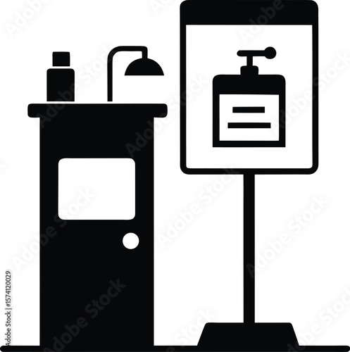 Hand sanitization station kiosk with a dispenser symbol