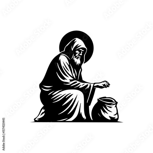 A stylized black icon of a saintly beggar kneeling with a halo, symbolizing humility, poverty, and sacred simplicity.
