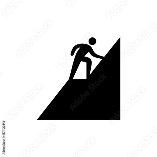 A black minimalist icon of a person scaling a steep incline, symbolizing persistence, determination, and overcoming life or career challenges.
