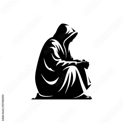 A minimalist black vector of a hooded figure sitting quietly, representing solitude, contemplation, inner peace, or spiritual withdrawal.
