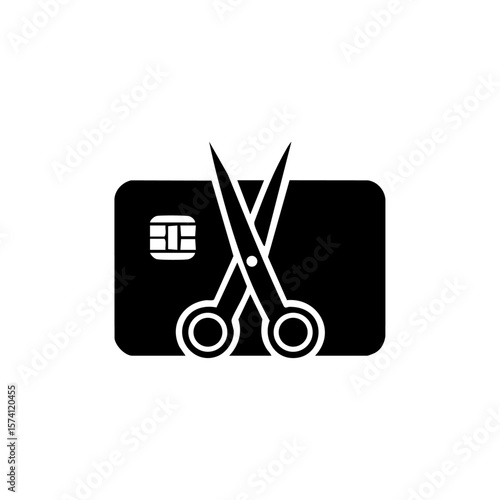 A bold black vector of scissors cutting through a solid credit card, representing breaking free from credit reliance or stopping overspending.
