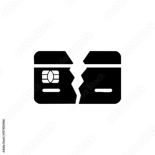 A minimalist icon of a smart credit card split in half, symbolizing financial crisis, blocked accounts, or the end of digital payment access.
