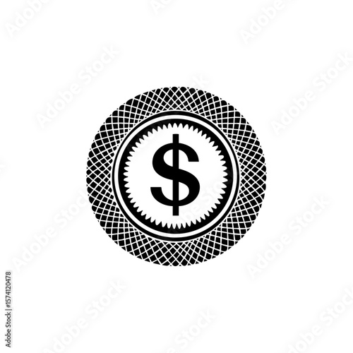 A stylized black dollar coin encircled by an ornate guilloche pattern, symbolizing currency security, anti-counterfeit design, or financial authenticity.
