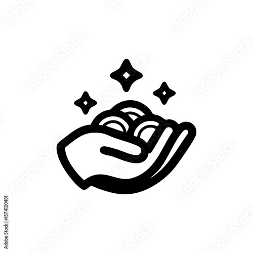 A black minimalist icon of a hand holding glowing coins, symbolizing wealth, abundance, prosperity, and generous giving.
