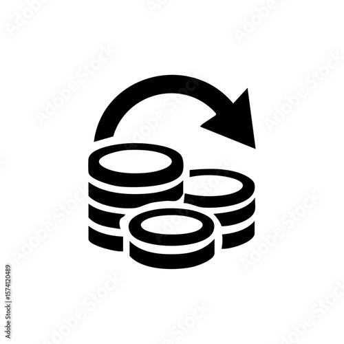 Black vector icon of stacked coins with an arrow, symbolizing money transfer, financial refund, or economic return.
