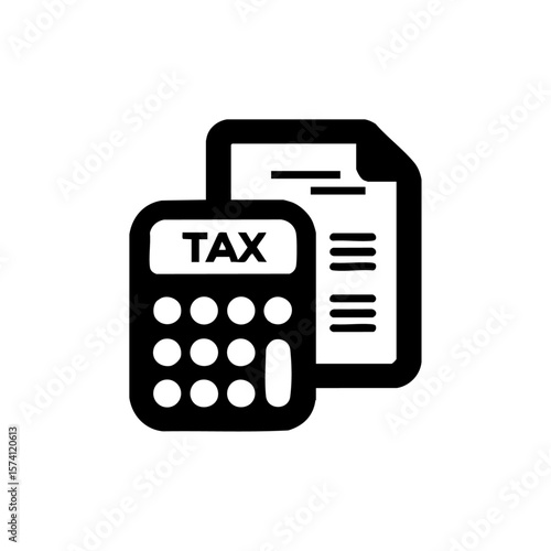 Minimal black vector icon of a calculator and tax document, representing accounting, tax filing, or financial reporting.
