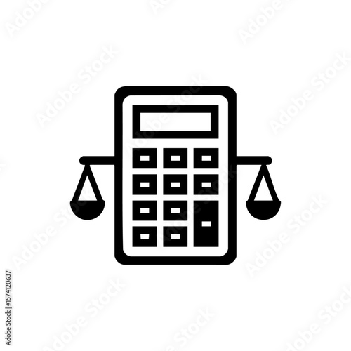 Black vector icon of a calculator with a balance scale, symbolizing financial justice, fair accounting, or ethical auditing.
