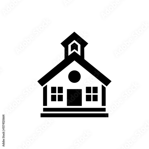 Minimalist black icon of a school building with a symbol of hunger, representing education disruptions due to poverty or food insecurity.
