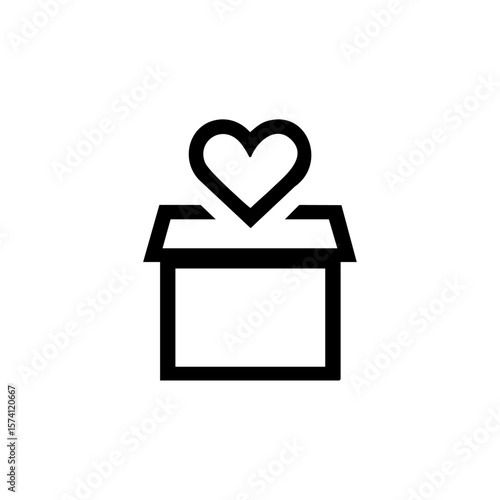 Minimalist black icon of a donation box with a heart symbol above, representing charitable giving and humanitarian aid.
