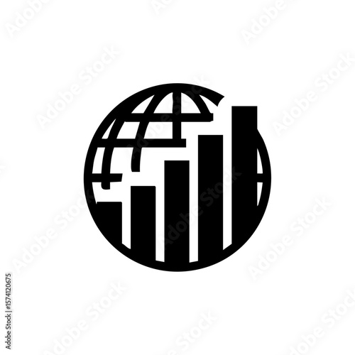 Minimalist black vector of a bar chart inside a globe, representing a global economic downturn or falling international markets.
